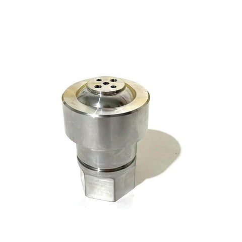 Front view of silver metal waterjet seal housing with a four-hole top plate.