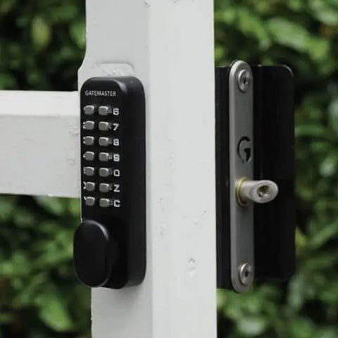 Heavy Duty Double Sided Digital Gate Lock For Left Handed Doors with keypad on white gate post.