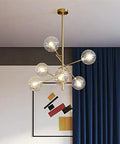 Modern Six Head Glass Pendant Ceiling Light With Warm White Bubble Shades And Brushed Chrome Frame, elegant design with visible glass globes.