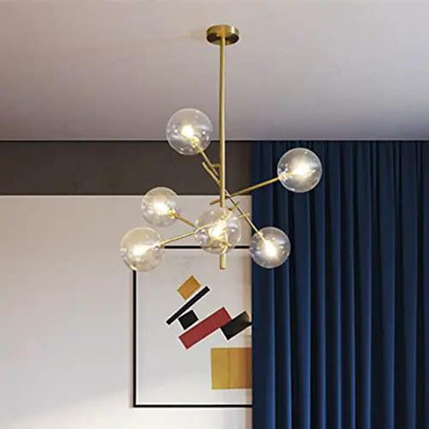 Modern Six Head Glass Pendant Ceiling Light With Warm White Bubble Shades And Brushed Chrome Frame, elegant design with visible glass globes.