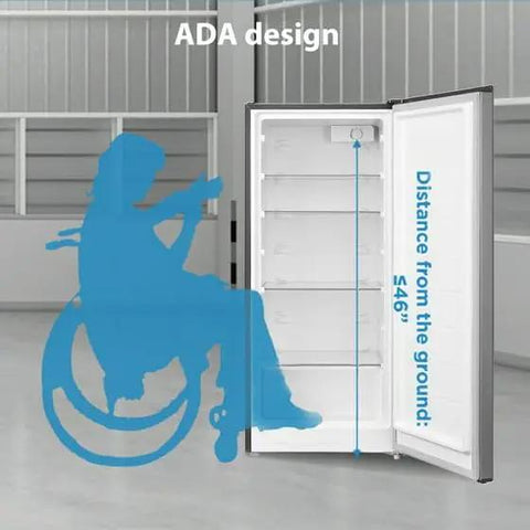 Sleek Upright Freezer With Convertible Refrigerator Setup Seven Point One Cubic Foot stainless steel build with ADA design feature.