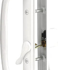 Sliding Patio Door White Offset Pull Handle Set With Keys For 10 Inch Escutcheon, Fits 3 15/16 Inch Hole Spacing And 1 1/4 To 2 1/4 Inch Door Thickness, Replacement Fix And Repair Hardware, Durable Escutcheon Plate in close-up view