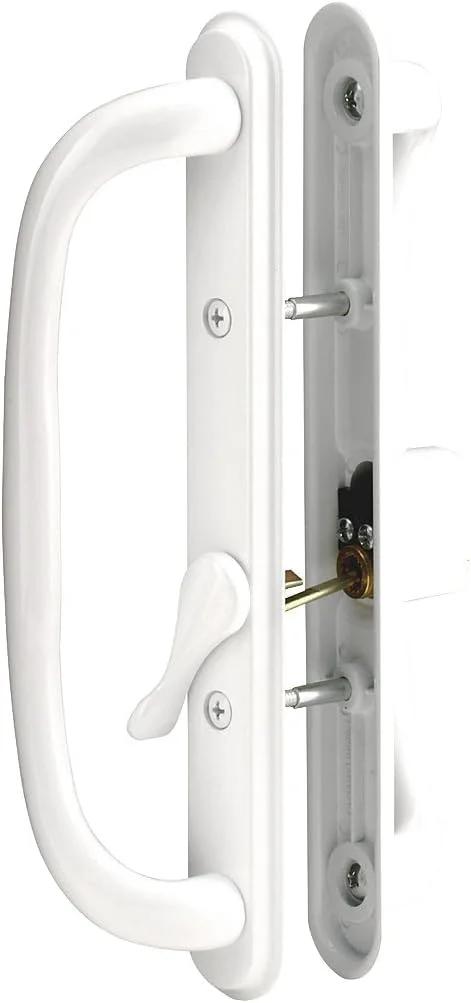 Sliding Patio Door White Offset Pull Handle Set With Keys For 10 Inch Escutcheon, Fits 3 15/16 Inch Hole Spacing And 1 1/4 To 2 1/4 Inch Door Thickness, Replacement Fix And Repair Hardware, Durable Escutcheon Plate in close-up view