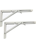 Set of two Rock Solid White Folding Shelf Brackets Built Like A Truck Wall Mounted supports, steel design measuring 8x7 inches.