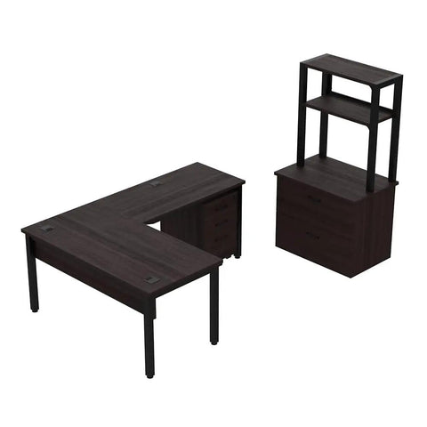 Built Tough Industrial L Shaped Desk Workstation Prime Executive Office Setup Featuring Ample Storage Drawers Smooth Rolling Pedestal And Smart Corner Shelving For Real Hustlers Seeking Top Shelf Organization, 60 inch dark wood desk with shelving unit.