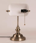 White Matte Glass Banker Desk Lamp In Retro Bronze Finish With Rotatable Lampshade, Pull Switch, Plug In Fixture For Office
