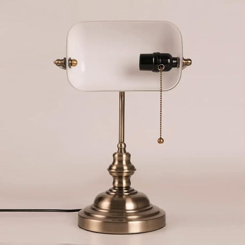 White Matte Glass Banker Desk Lamp In Retro Bronze Finish With Rotatable Lampshade, Pull Switch, Plug In Fixture For Office