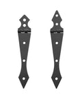 Two 270 Degree Black Iron Cabinet Hinges, heavy duty, pointed design, black finish, for cupboard doors, wide opening, flexible 270 degree range.