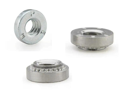 Three stainless steel self-clinching nuts from a 25 Pack Self-Clinching Nuts Press-In Sheet Metal Fasteners set on white background.