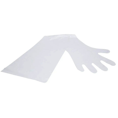 Shoulder Length Disposable OB Glove for Obstetric Care 100 Count Box Premium Polyethylene Fiber shown flat with clear material