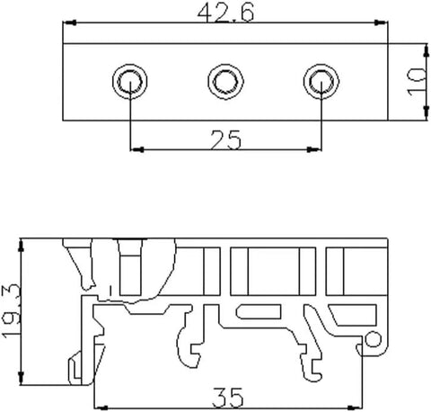 Technical drawing of DIN Rail PCB Mounting Bracket Carrier Clip for C45 Boards 35mm by 15mm, dimensions 42.6x10x19.3 mm.
