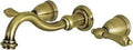 8 Inch Center Wall Mount Bathroom Faucet In Antique Brass With Solid Brass Construction Drip Free Ceramic Disc Cartridge One Point Two GPM Spout Flow At 60 PSI Vintage Style With Ornate Detailing Old School Flair featuring elegant antique brass finish and ornate handles
