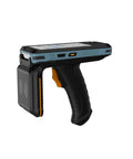 Battle Ready Android 12 Handheld PDA With Pistol Grip 1D 2D QR Barcode Scanner IP67 rugged design side view with UHF RFID reader.