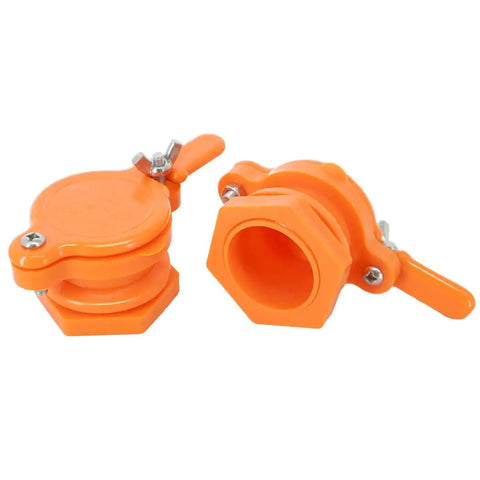 Two Pack Nylon Honey Gate Valve For 5 Gallon Buckets, Food Grade Tap, orange nylon material, close-up view, beekeeping gear
