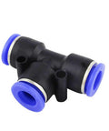 Push To Connect 3/8 Inch Tee Fitting, 3 Way T Connector, Quick Push Lock Adapter, Plastic Build With Stainless Claw, Works With PU PA PE PVC Tubing, 0 To 145 PSI, 30 To 150 F, Pack Of 10 black tee fitting with blue push-in ends