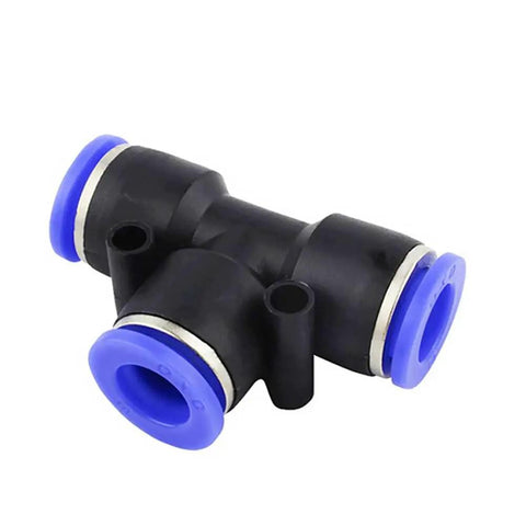 Push To Connect 3/8 Inch Tee Fitting, 3 Way T Connector, Quick Push Lock Adapter, Plastic Build With Stainless Claw, Works With PU PA PE PVC Tubing, 0 To 145 PSI, 30 To 150 F, Pack Of 10 black tee fitting with blue push-in ends
