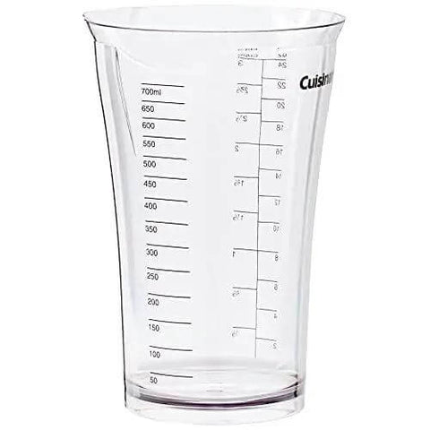 Clear measuring cup for kitchen use, with marked measurements up to 700ml, suitable for blending and cooking tasks.