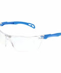 Hardcore Metal Detectable Safety Glasses With Anti Fog Clear Lenses Premium Stainless Steel Frame And Nose Bridge Built Tough ANSI Certified, side view with blue temples.