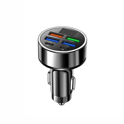 Final Boss Fast Car Charger With 120 Watt Raw Power And Six Lightning Quick Ports, USB C cigarette lighter adapter with LED display.