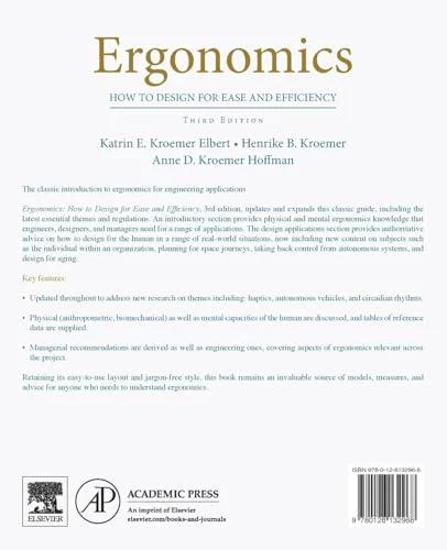 Book: Ergonomics: How to Design for Ease and Efficiency, white cover with gold title; Academic Press/Elsevier logos.