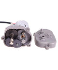 Front view of RC steel transmission gear set for 1/12 RC crawler, gray housing with black gears.