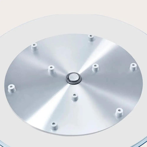 Underside view of 60cm Tempered Glass Lazy Susan Turntable For Dining Tables 360 Degree Rotating Serving Plate with metal bearings