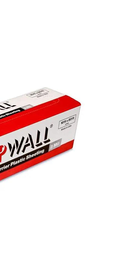 Pro Grade Dust Barrier Plastic Sheeting 10 Feet By 50 Feet White, 3 Mil Thick, packaging corner with product details visible