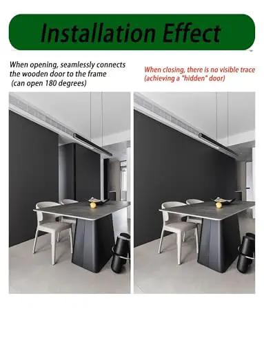 Installation effect of Adjustable Silent Concealed Door Hinges One Pair Black Smooth Operator Hidden Hardware for Wood Folding and Secret Room Doors 180 Degree Low Profile Opening.
