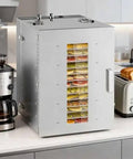 Top Tier 16 Tray Stainless Steel Food Dehydrator With Adjustable Temp Dial Electric Jerky Dryer For Legit Meat Strips Savory Dog Treats And Crisp Farm Herbs Straight From Your Pantry on kitchen countertop.