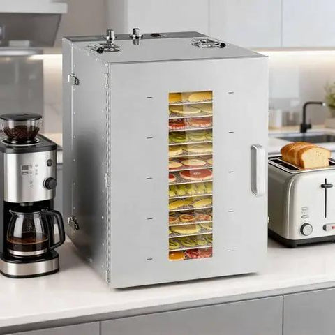 Top Tier 16 Tray Stainless Steel Food Dehydrator With Adjustable Temp Dial Electric Jerky Dryer For Legit Meat Strips Savory Dog Treats And Crisp Farm Herbs Straight From Your Pantry on kitchen countertop.