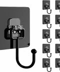 Heavy Duty Wall Hanger Hooks No Drill Setup Durable Black Interior Storage Mounts For Coats Hats Bags And Toolboxes Rock Solid 14 Pack display with matte black hooks.