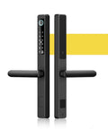Badass Waterproof Outdoor Smart Electronic Door Lock With Slick Fingerprint App Code And Keyless Entry Designed For Hella Secure Aluminum Gates And Heavy Duty Iron Doors – black dual handle design with numeric keypad.