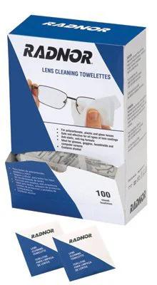 Radnor 5x8 pre-moistened lens cleaning towels, blue and white, 100 count (front view)