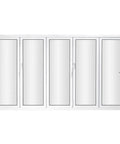 Five Panel Aluminum Folding Glass Door In White With Low E Tempered Glass And Heavy Duty Rollers, front view showing glass panels.