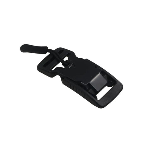 Close-up of a 25mm plastic magnetic quick release buckle, designed for backpacks and luggage, showing detailed latch mechanism.