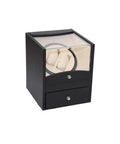 Premium Dual Automatic Watch Winder Box With Silent Belt Drive Motor For Mechanical Timepieces in sleek black with drawer.