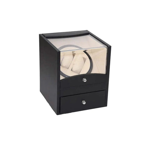 Premium Dual Automatic Watch Winder Box With Silent Belt Drive Motor For Mechanical Timepieces in sleek black with drawer.