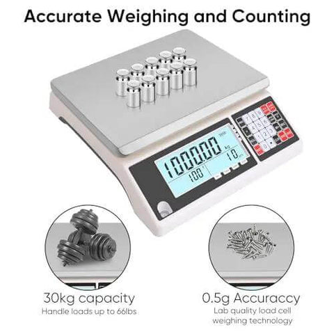 Go To High Precision 30 Kg Digital Counting Scale With 0.5 g Readout For Parts And Coins, clear backlit LCD display
