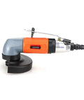 Badass 4 Inch Pneumatic Angle Grinder For Heavy Duty Polishing And Grinding Featuring Front Exhaust Cooling Adjustable Speed Switch And Rugged Metal Spark Guard Cover side view with metal shield and orange grip