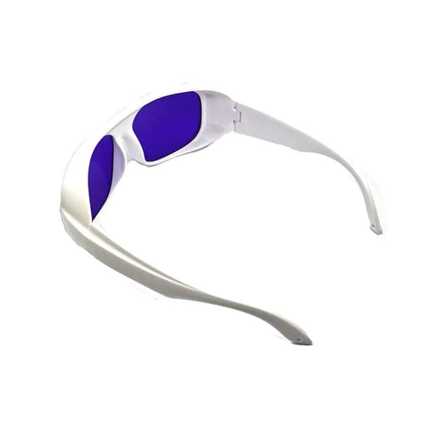 Heavy Duty Yellow Laser Safety Glasses Serving Straight Up Tough Eye Armor For 560 To 600nm Wavelengths With OD 6 Plus Coverage with white frame.