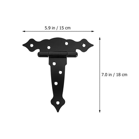 Beefy Heavy Duty Gate Hinges 6-Inch For Wood Fences, T-Post Style, black iron, dimensions shown, barn doors and shed hardware