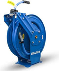 Heavy Duty One Half Inch By Five Hundred Foot Pneumatic Air Hose On Solid Wooden Spool Kink Free Ozone Guarded Rubber Cover visible on a blue hose reel.