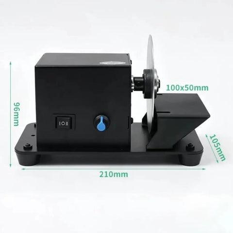 No Mess Mini Bench Top Electric Grinder And Stone Polisher Set With Rock Solid 300W Copper Motor and Easy Turn Speed Dial, side view with measurements.