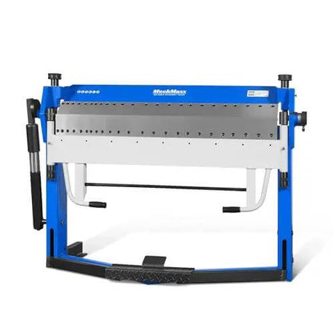 Front view of 50 Inch Foot Clamp Pan And Box Brake For Sheet Metal Folding, Heavy Duty Industrial Metal Bender with hands-free foot pedal.