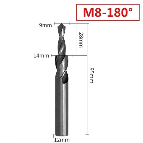 Front view of HSS step drill bit for metal drilling; 95mm overall length, 12mm shank, M8-180°.