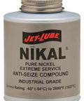 Nickel Based Anti Seize Compound Paste 4 Oz High Temp Lubricant For Bolts And Fasteners Workhorse Grade Operating Minus Sixty Five To Two Thousand Six Hundred Fahrenheit Silver Color Additive Free Easy To Apply And Prevents Seizing, front view of product jar labeled Nikal Pure Nickel Anti-Seize Compound.