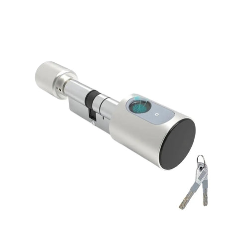 Adjustable Cylinder Smart Lock Hits Different With BLE Fingerprint And IC Card Access for keyless entry, showing a silver finish and fingerprint sensor.