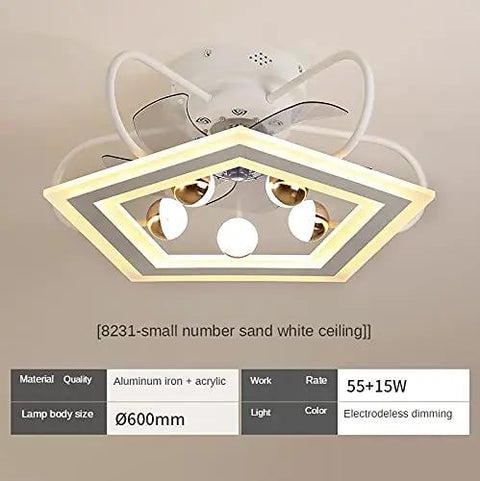 Top Notch Pentagonal Ceiling Fan Light Featuring Ultra Quiet Inverter Motor And Sleek Silver Shade Ideal For Upscale Living Spaces That Demand Big Time Style And Smooth Daily Cooling Vibes, white ceiling light with aluminum, acrylic, and dimming feature.