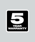 Black and white badge showing 5 Year Warranty for the M12 Fuel Cordless Hammer Drill Kit Delivering Knockout Torque.