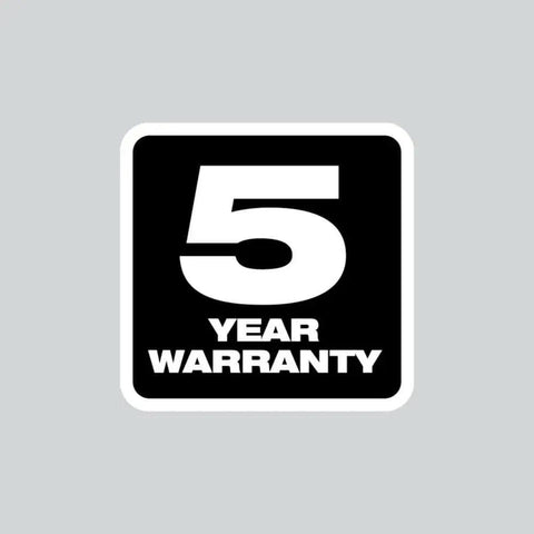 Black and white badge showing 5 Year Warranty for the M12 Fuel Cordless Hammer Drill Kit Delivering Knockout Torque.